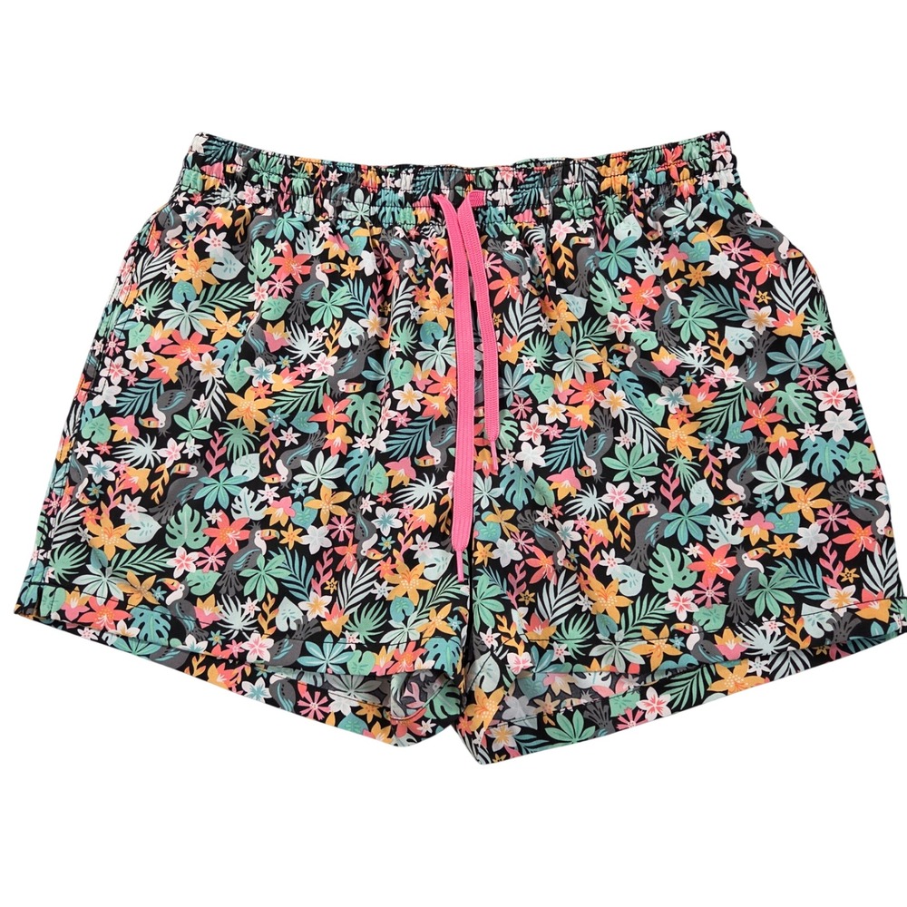 Chubbies Swim Trunks Mens XL Black Green Tropical Toucan Floral Drawstring